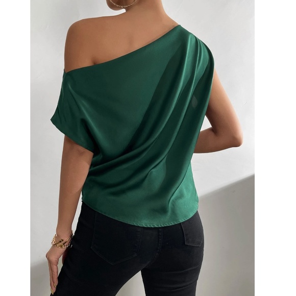 Dark Green Satin Draped Asymmetrical Blouse Top - Picture 3 of 12